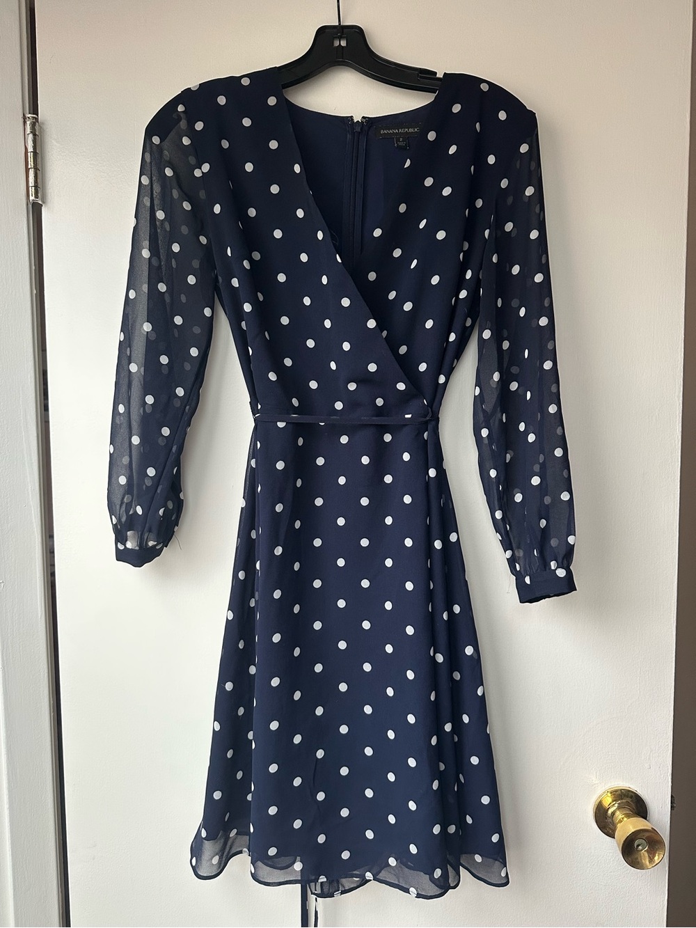 Banana Republic Navy and White Polka Dot Long Sleeve Wrap Dress